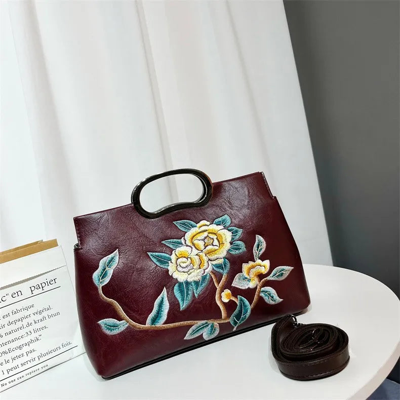 Elegant Women's Handbag Embroidered Peony Print Crossbody Bag Wear-Resistant Fashionable Daily Use Square Shape Zipper Closure