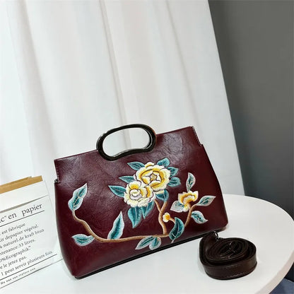 Elegant Women's Handbag Embroidered Peony Print Crossbody Bag Wear-Resistant Fashionable Daily Use Square Shape Zipper Closure