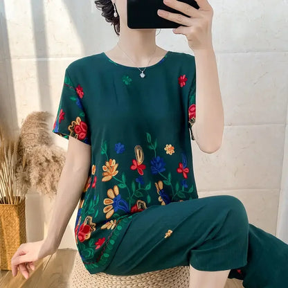 2024 Summer Women Cotton Linen Short Sleeve Set Large Size Middle-aged Mother Floral Print Clothes New Two-piece Suit 5XL G45