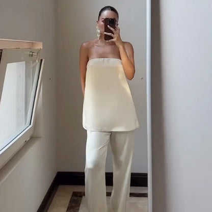 HXAO Satin Pant Sets Women's Two Pieces Set Strapless Off Shoulder Tube Vest 2 Piece Sets Woman Outfit High Waist Trousers Sets