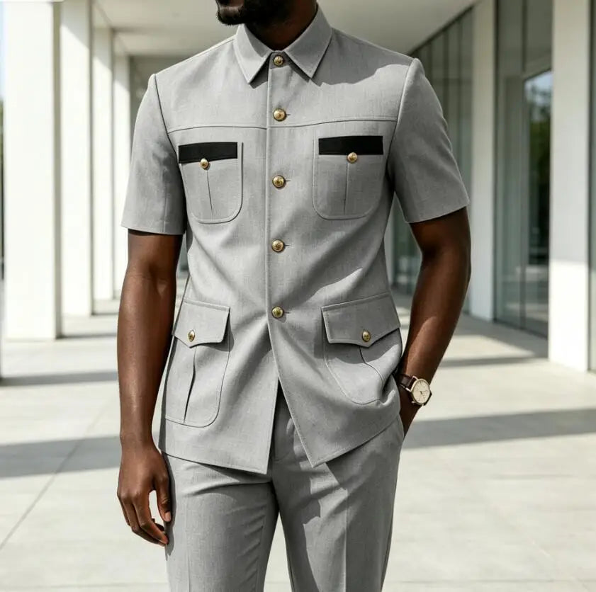 Luxury Men Suit Short Sleeves Safari Suit 2 Pieces Black Contrast Pockets Gold Button Business Wedding Party Casual Blazer Pants