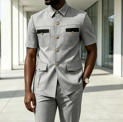 Luxury Men Suit Short Sleeves Safari Suit 2 Pieces Black Contrast Pockets Gold Button Business Wedding Party Casual Blazer Pants