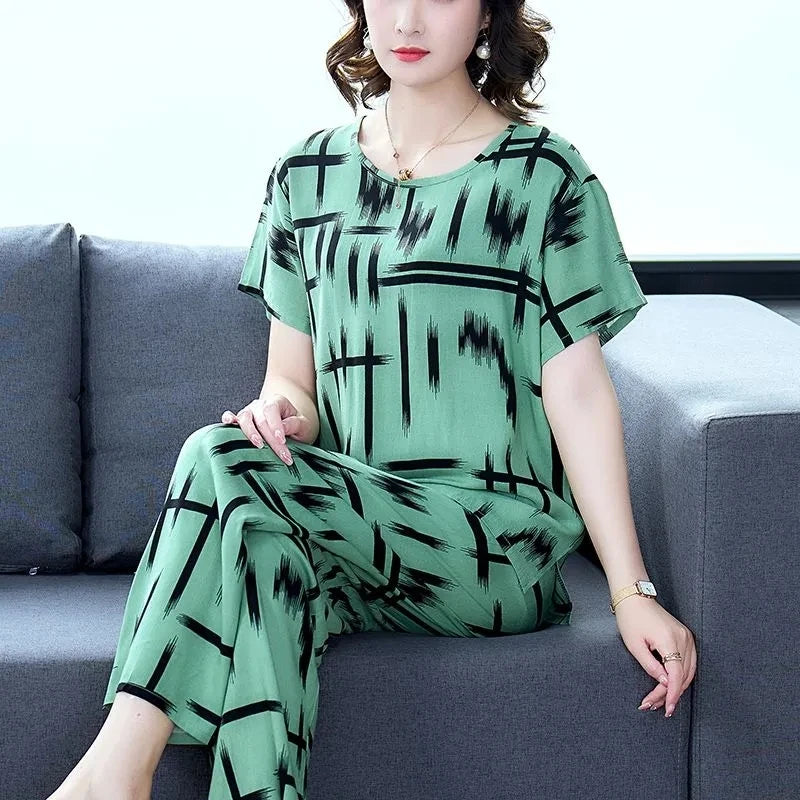 Cotton Silk Suit Summer Women's Sets New Casual Solid Color Short Sleeve Ankle-Length Pants 2 Piece Set Middle Age Mother Outfit