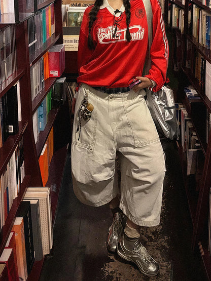 PBAP White Cargo Jean Shorts Women Big Pockets Casual Wide Leg Pleats Adjust Waist Baggy Bermuda Pants Hiphop Vintage Streetwear
