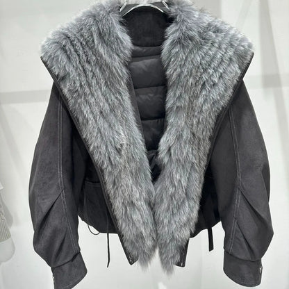 OFTBUY Real Fox Fur Collar Goose Down Jacket Winter Windproof Heavy Padded Coat Women Cropped Puffer Jacket Casual Outerwear