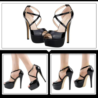 2026 Women Sandals 14CM Platform High Heels Sexy Ankle Strap Sandal Open Toe Stilettos Party Dress Wedding Shoes Plus Size 44