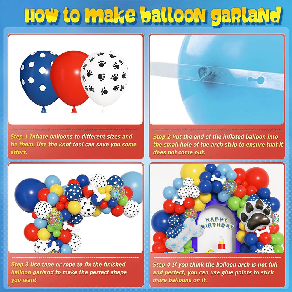Paw Balloons Garland Arch Kit with Dog Bone Blue Yellow Red Green Balloons for Patrol Themed Animal Birthday Party Decorations