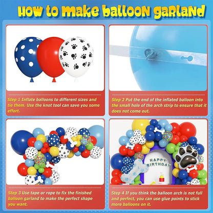 Paw Balloons Garland Arch Kit with Dog Bone Blue Yellow Red Green Balloons for Patrol Themed Animal Birthday Party Decorations
