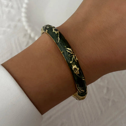 Elegant Enamel Dropped Glaze Flower Texture Bracelet For Women Retro Gold Plated Evil Eye Floral Zircon Bangle Party Jewelry