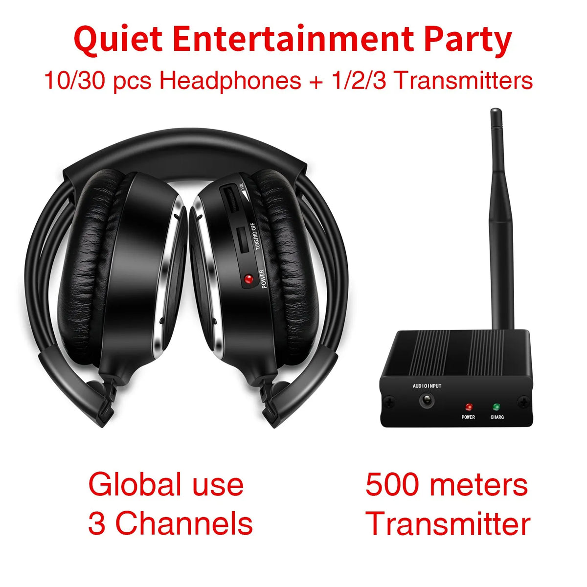 3 Channel Silent Disco Wireless Headphones Bundle with 500m Distance Transmitter for Entertainment Party