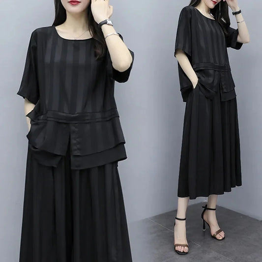 Summer Femme Short Sleeve Two-piece Suit 2025 Women Fashion Large Size 5XL Trousers Korean Lady Solid Color Wide Leg Pants 2PCS