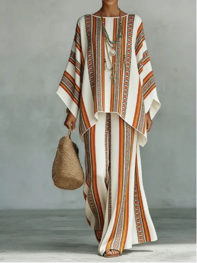 Boho Two Piece Set Summer Women's Loose Patchwork Wide Leg Pants Set Fashion O Neck Pullover Top 2-piece Set Outfit Streetwear