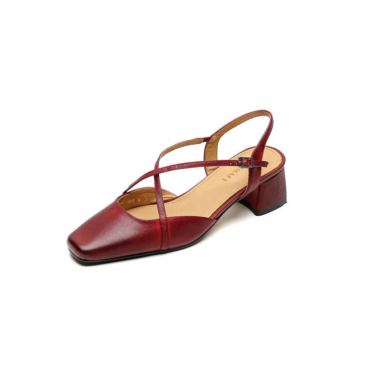 New Genuine Leather Summer Sandals Women Shoes Square Toe Sandals for Women Fashion Versatile Cover Toe Mid Heels Sandals