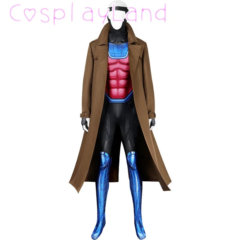 X Gambit Remy Cosplay Costume Man Battle Suit Leather Long Trench Jumpsuit Mask Set Superhero Halloween Carnival Outfits