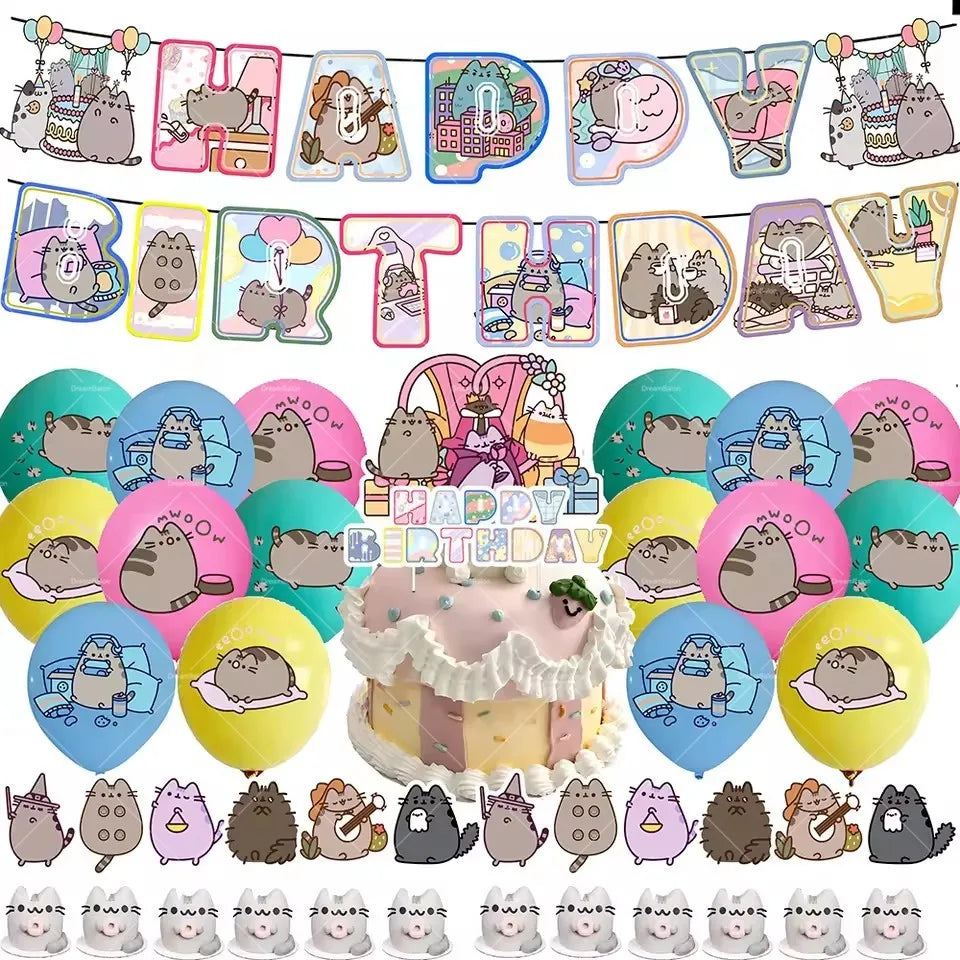 Pusheen Balloons Cartoon Cat Birthday Banner Decoration Party Supplies Backdrop Cake Topper Gift Bag Sticker Spiral Plush Doll