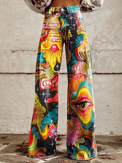 Women's 3D Printed Flare Jeans-Polyester Wide Leg Pants with Distressed Vintage Look, High Waist Comfort Fit for Street Fashion