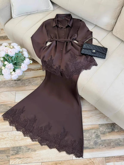 Women Two Piece Sets Skirt Set Turn Down Collar Lace Sexy Full Sleeve Tops Long Skirts High Waist Y2k Streetwear Elegant Work
