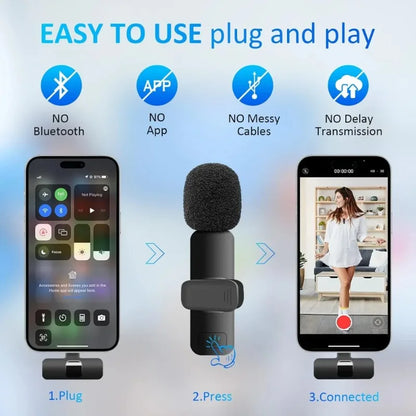 2 Pcs Wireless Lavalier Microphone for iPhone Android iPad, Mini Clip-on Mic with Crystal Clear Sound Quality