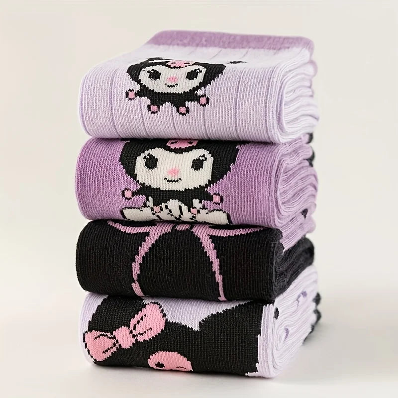 4 Pairs of High-Quality Cartoon Anime Character Pattern Women's Straight Socks Comfortable Soft and Casual Women's Socks