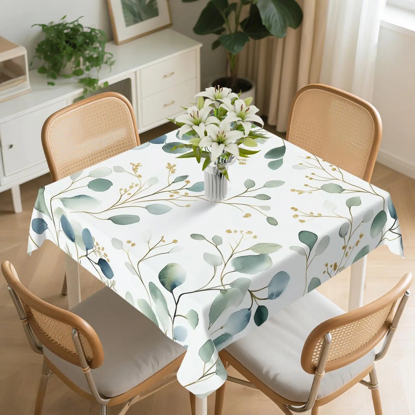 Green Leaves Square Tablecloth Waterproof Decorative Botanical Table Cloth Cover for Home Kitchen Dining Party Picnic Outdoor