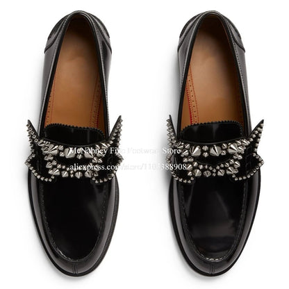 Glossy Silver Spiked Leather No Penny Loafers Men Round Toe Studded Bow Decor Slip on Dress Shoes Party Nightclub Street Shoes