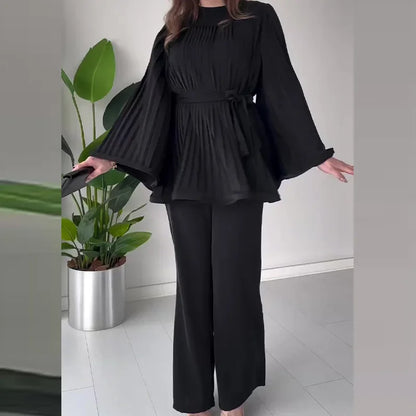 Women's New Autumn Two-piece Set Round Neck Bat-sleeved Pleated Big Swing Frenum Top Temperament Elegant Loose Straight Pants
