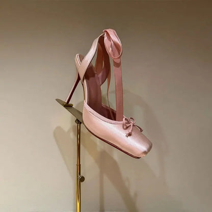European and American Niche High-heeled Square Toe Ankle Strap Satin Bow Ballet Toe Cap Red Sole Plus Size Women's Sandals
