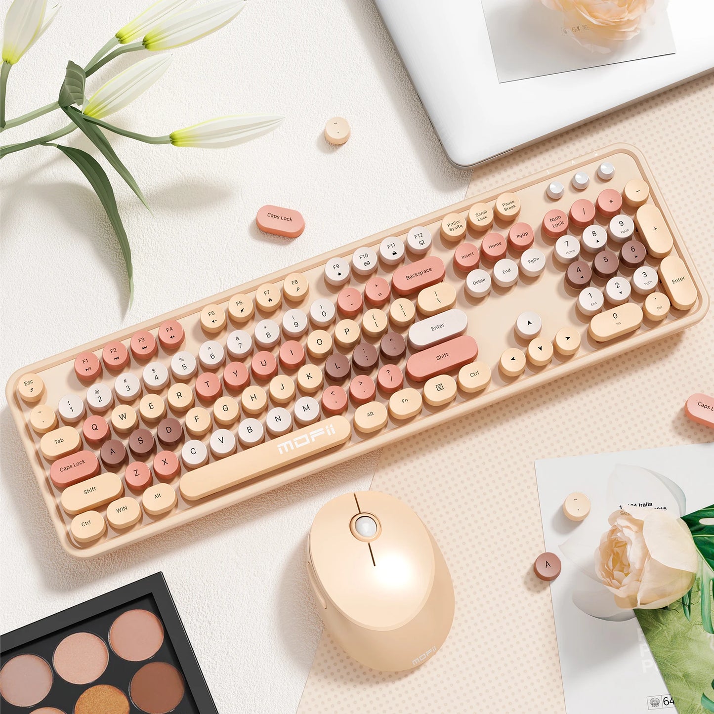 MOFii Sweet Wireless Keyboard Mouse Combo, Milk Tea Gradient Retro Round Keyboard, Silent for Women, US QWERTY