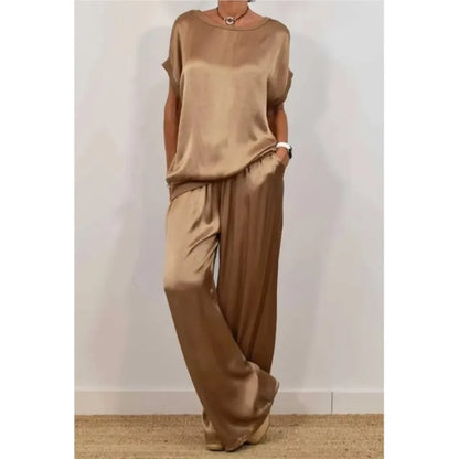 Summer Satin Two Piece Sets For Women V Neck Bat Sleeve Top Casual Loose Lace Up Wide-leg Pants 2 Piece Suit Female Home Outfits