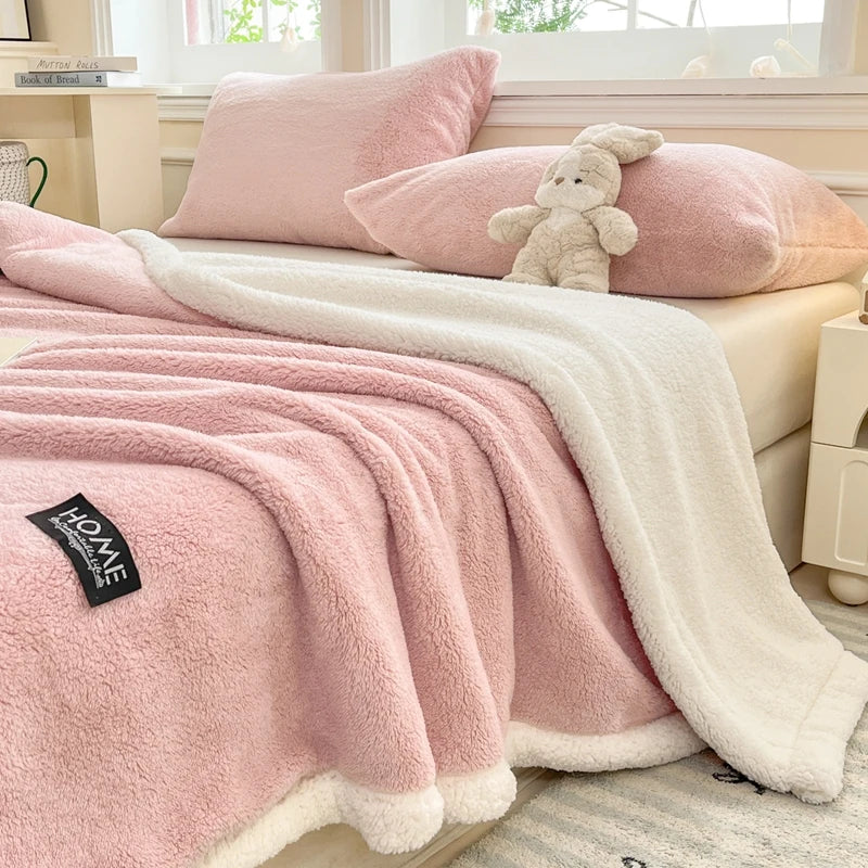 Thickened Double-layer Lamb Fleece Flannel Blanket for Bed Office Air Conditioning and Nap Throw Soft Blanket for Bedding Sofa