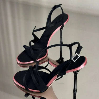 Women Satin Colorblock Stiletto High Heels Square Toe Rhinestone Buckle Ankle Strap Sandals Summer Party Prom Formal Dress Shoes