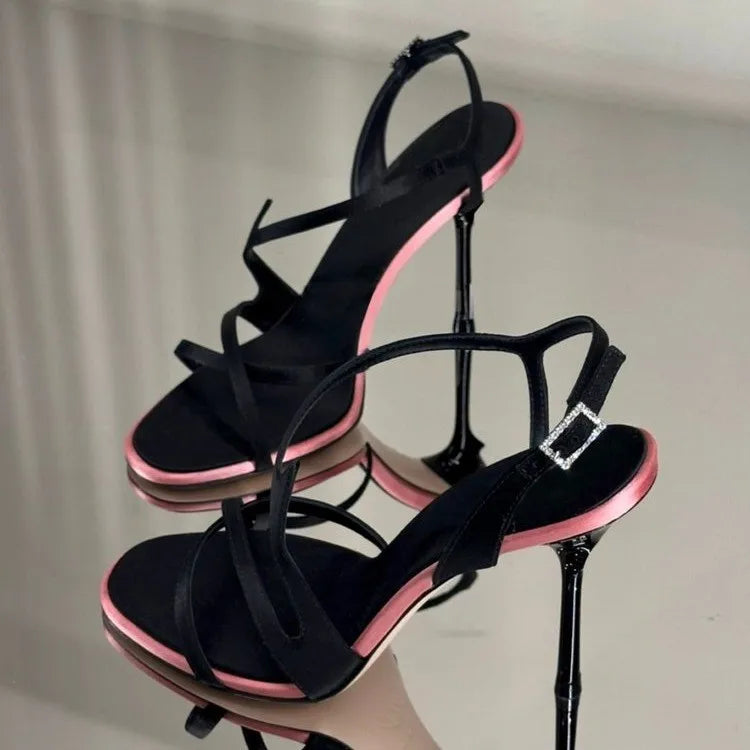 Women Satin Colorblock Stiletto High Heels Square Toe Rhinestone Buckle Ankle Strap Sandals Summer Party Prom Formal Dress Shoes