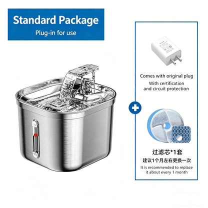 Cat Water Fountain 2.2L 304 Stainless Steel Three Gears Adjustable Inside Filters Silent Water Pump for Pet to Drink Water