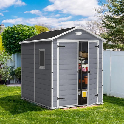 Manor 6x8 Foot All Weather Garden Tool Outdoor Storage Shed with Lockable Double Doors, Fixed Window and Wood-Look, Custom