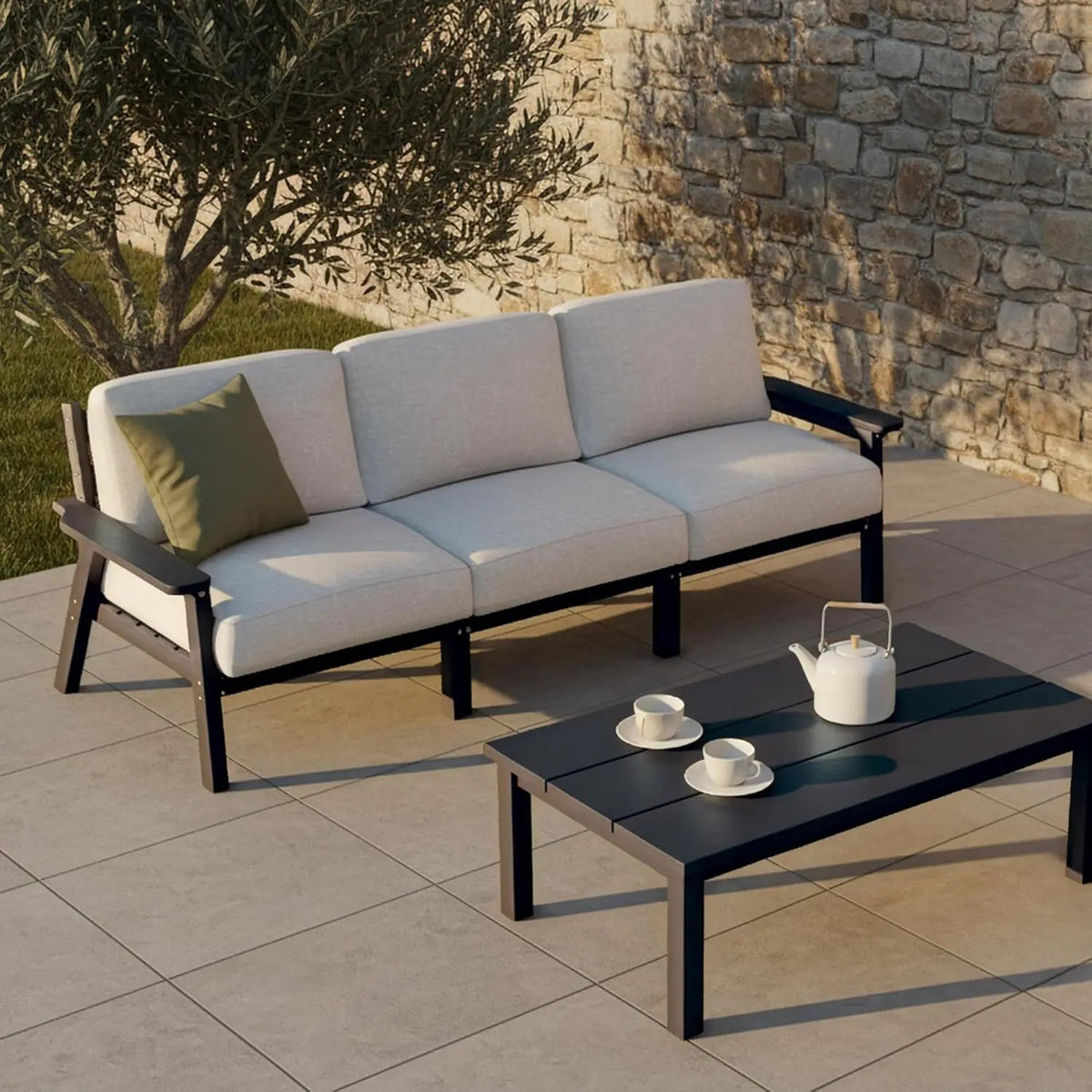 Patio Furniture Set 3 Seats, HDPE Outdoor Sectional with Washable Beige Thick Cushions, Coffee Table & Side Table,, Customized