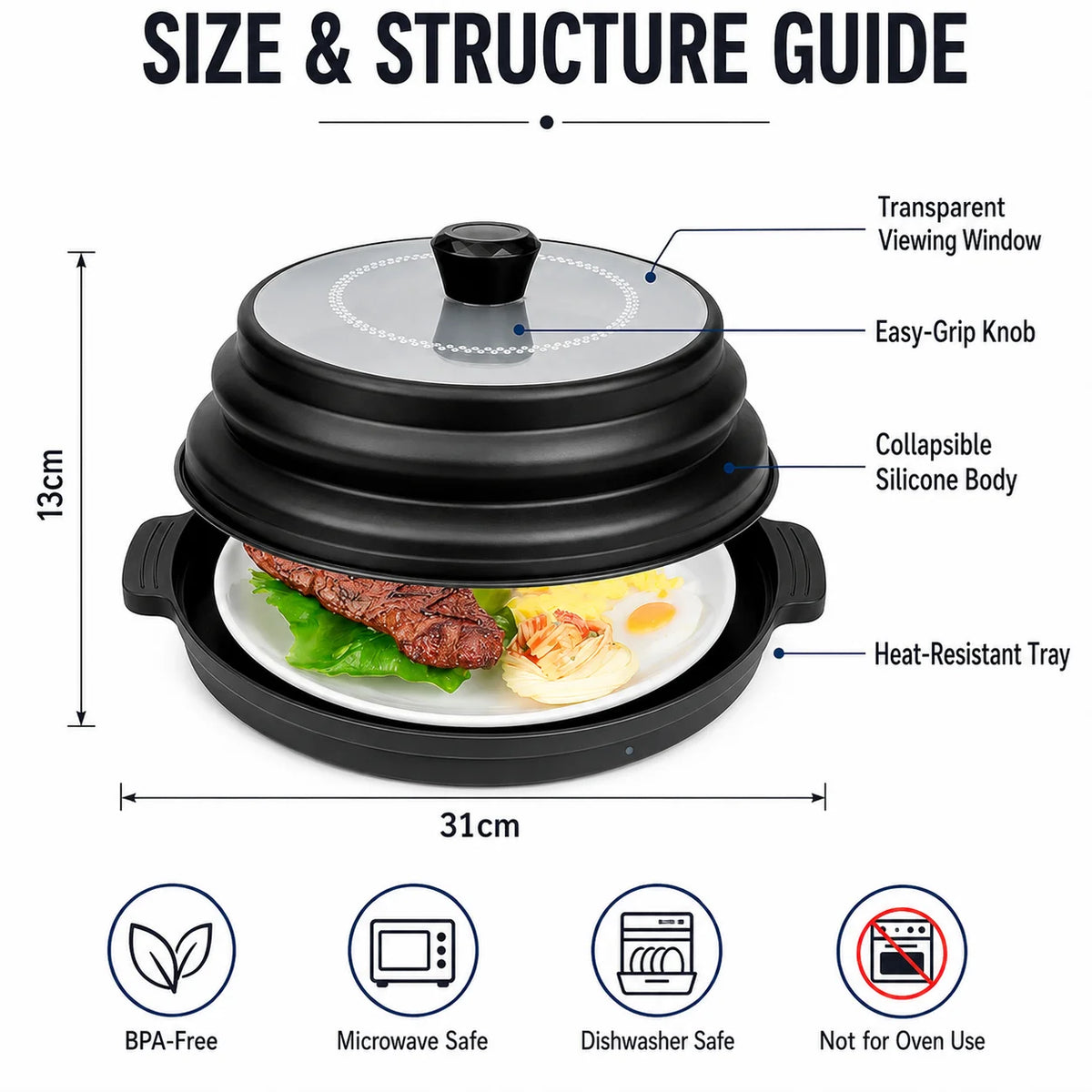 Uwhise 2-in-1 Microwave Splatter Cover for Food with Anti-Scald Base Plate Silicone Vented Collapsible Guard Lid Kitchen Gadgets
