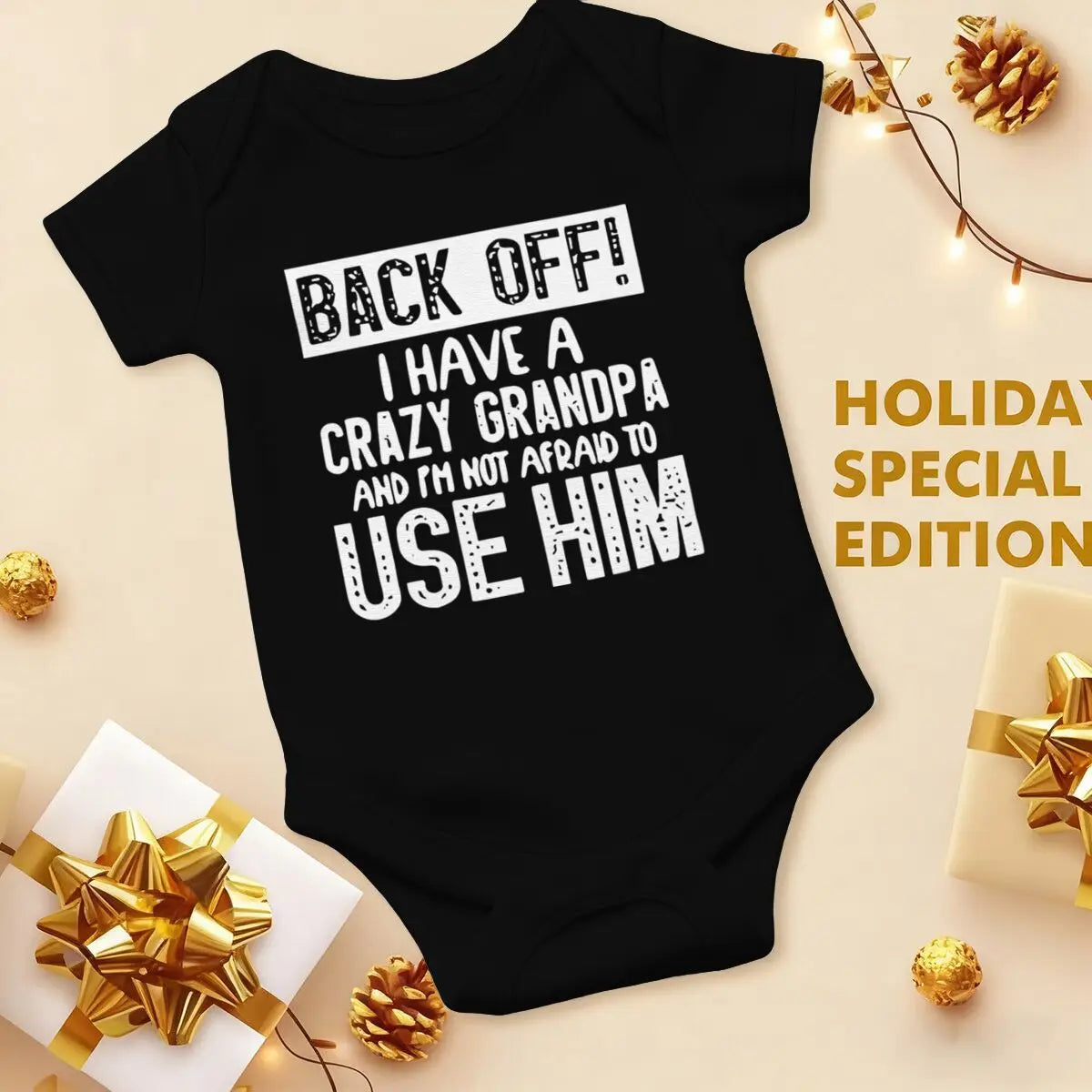 Cute Cotton Baby Bodysuit with "Back Off! I Have A Crazy Grandpa" Print Short Sleeve Baby Girl Boy Jumpsuit Kids Cotton Clothes