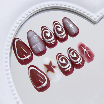 24pcs Red Star Print Fake Nails Sweet Cool Short Almond Press on Nail for Women Wearable Detachable Ins Spice Girl False Nails