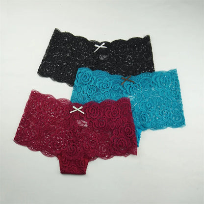 3PCS Transparent Boyshorts Women Underwear Lace Boxers Ladies Plus Size M-XXL Hollow Out Floral Panties Femme Intimates