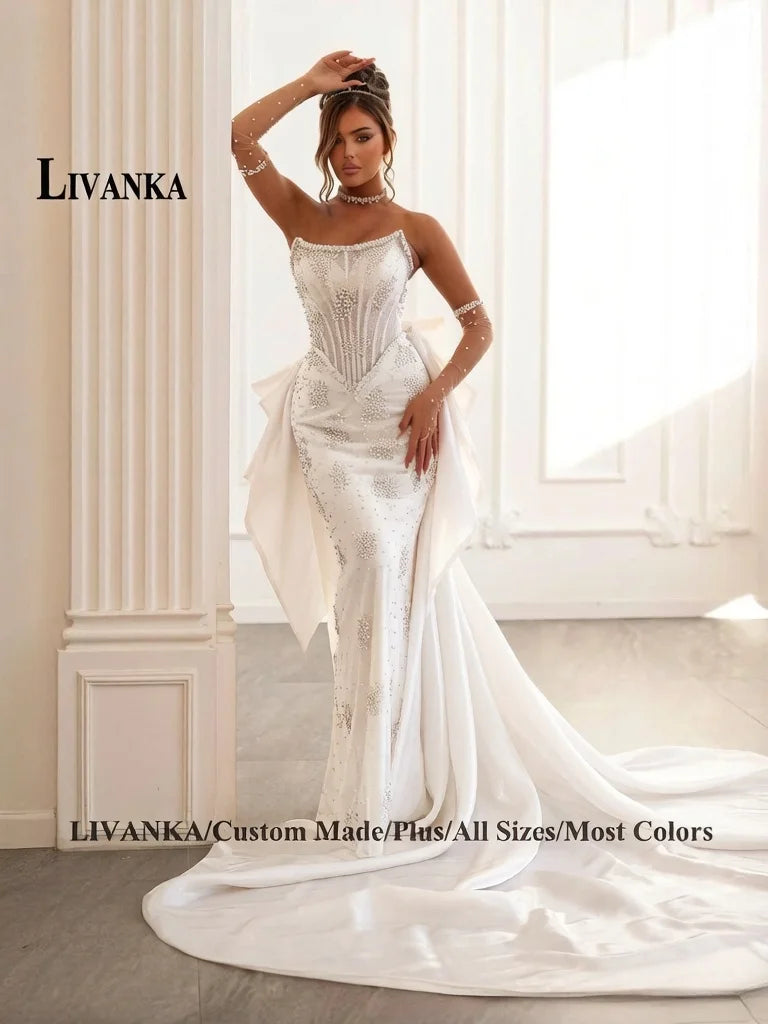 LIVANKA Exquisite Mermaid Prom Dress Rhinestones Corset Bowknot Lacing Up Strapless Royal Train Vestido De Formatura Customized