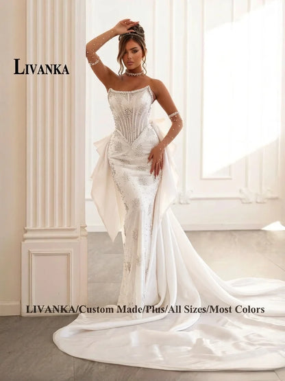 LIVANKA Exquisite Mermaid Prom Dress Rhinestones Corset Bowknot Lacing Up Strapless Royal Train Vestido De Formatura Customized
