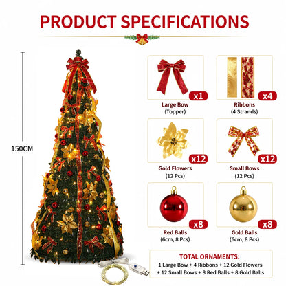 Pre Lit Pre Decorated Christmas Tree Pop Up Christmas Tree and Warm LED Lights & DIY Ornaments,Holiday Party Decorations