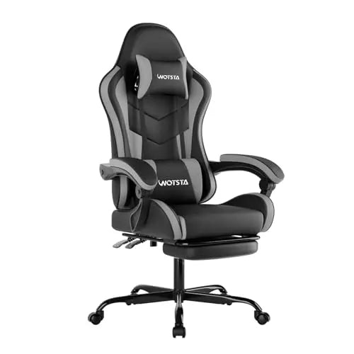 Ergonomic Gaming & Office Chair, Footrest, Racing Design Black/Grey | PVC with headrest,lumbar, Adjustable Height