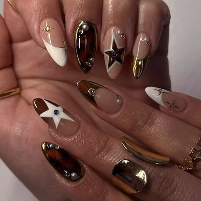 24pcs Red Star Print Fake Nails Sweet Cool Short Almond Press on Nail for Women Wearable Detachable Ins Spice Girl False Nails