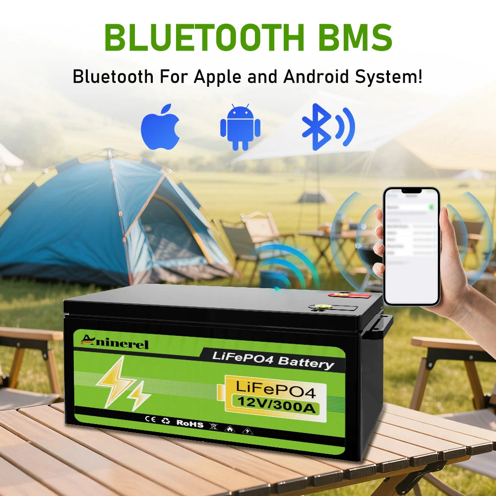 Aninerel 12V 300Ah LiFePO4 Solar Battery 3.84KWh Lithium Battery Pack IP65 waterproof rating Grade A Cells 6000+ Cycle For Home energy storage 12.8V-300AH