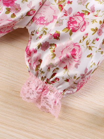 Baby Girls Floral Romper Set, Sleeveless Lace Trim Jumpsuit + Matching Bow Headband, 2pcs Outfit