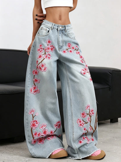 American Retro Plum Blossom Embroidery Design Blue Women's Loose Wide-Leg Jeans Y2K Street Fashion Versatile Straight Trousers