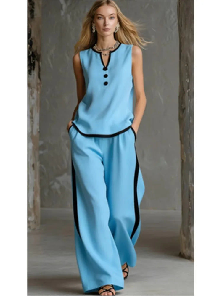 Casual Women Color Blocking Loose Sleeveless Button Vest Elastic Waist Wide-leg Pants Two Peice Set Summer V-Neck Ladies Outfit