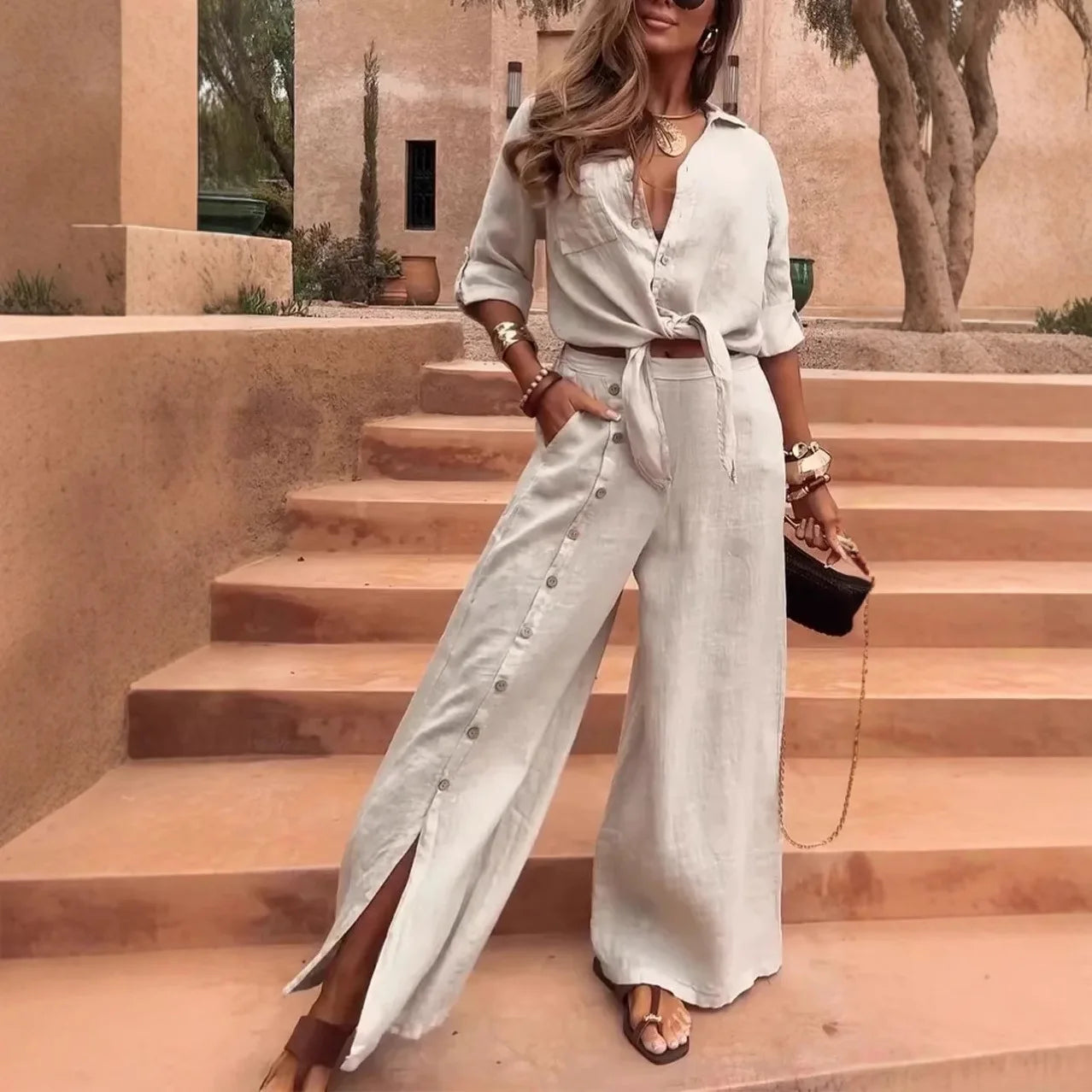 2026 New Fashion Casual Irregular Two-piece Sets Loose Short-sleeved Mid-sleeve Shirt Blouse Button-down Wide-leg Pants Suits