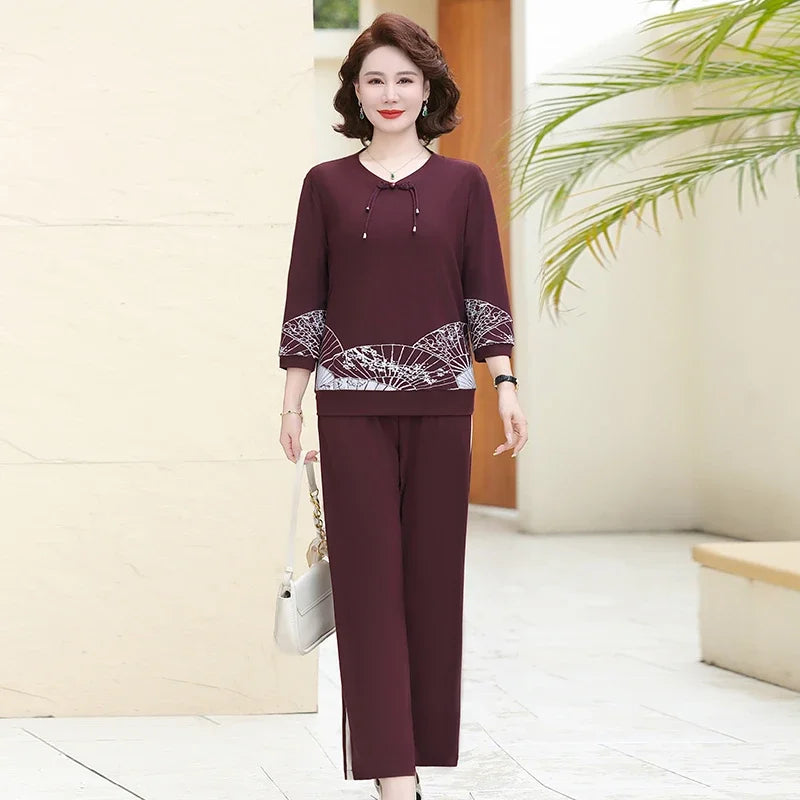 Mature Women New Chinese Style Two Piece Set 3 4 Sleeve Top Wide Leg Pants Elegant Middle Aged Ladies Summer Outfit